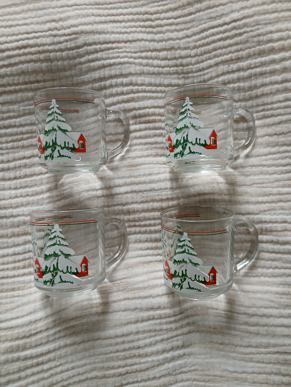 Vintage KIG Indonesia Glass Mug - "Winter Red Cabin and Green Trees Scenery"1970